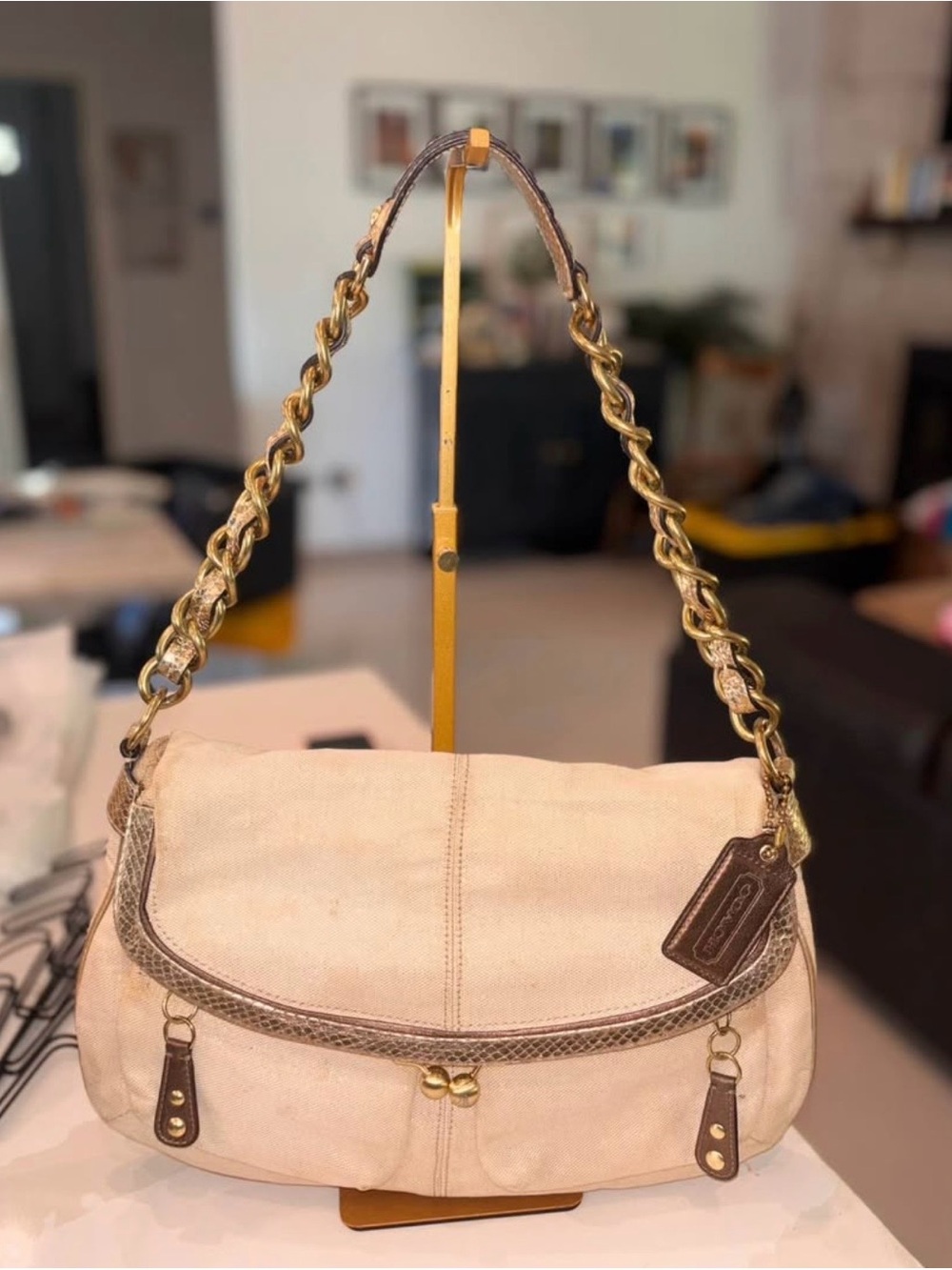 Beige Canvas Shoulder Bag with Chain Strap